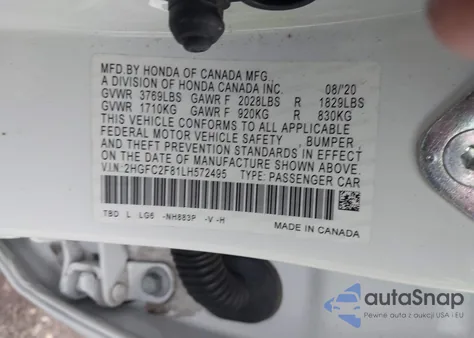 2020 Honda Civic Sport из США, поврежденный, VIN 2HGFC2F81LH572495